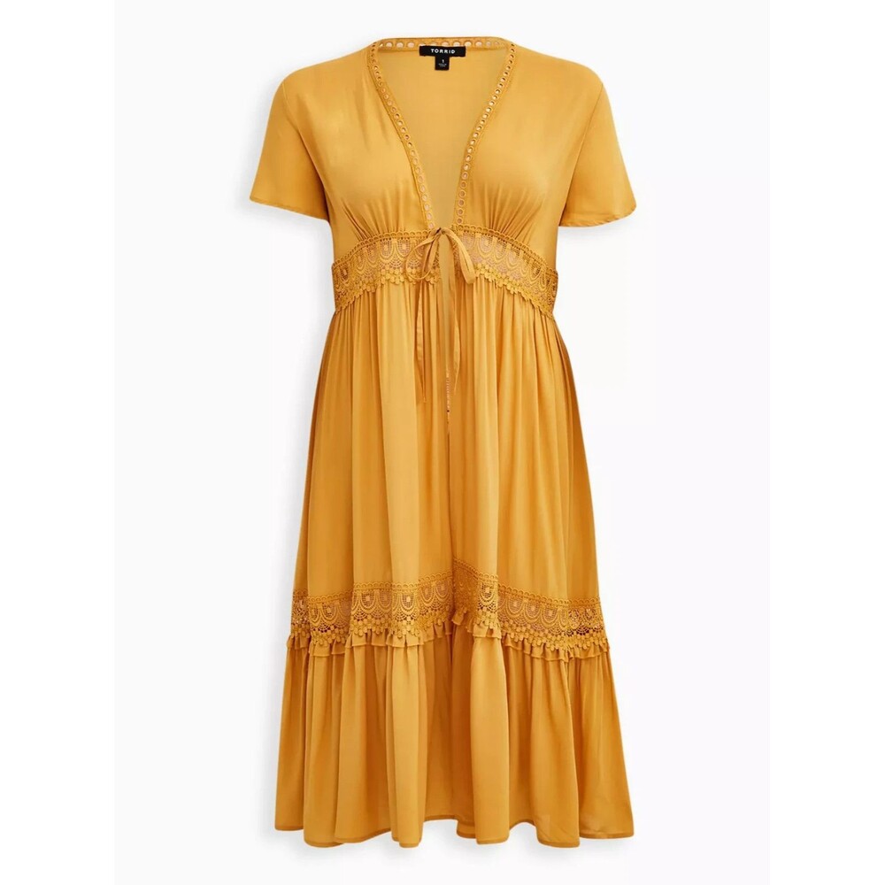 Torrid Duster Length Yellow Tie-Waist Boho Kimono Size 4 or 26 Plus